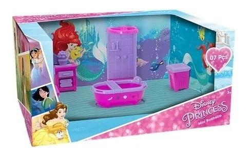 Casinha Com Moveis Mini Banheiro Princesas Disney - 06 Pcs