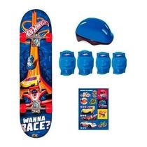 Skate Hot Wheels Azul C/ Kit De Acessórios De Segurança Fun