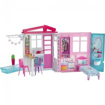 Casa de Bonecas Barbie Portátil com Alça de Transporte e Acessórios, Cozinha, Quarto, Banheiro e Piscina no Pátio