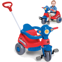 Triciclo com Empurrador e Pedal Bebê Infantil Velocita Azul Vermelho Calesita