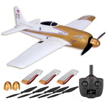 Avião de Controle Remoto com 3 Baterias e Carregador Múltiplo e Modo 3D, Avantome Designs caça F8F, Branco e Dourado