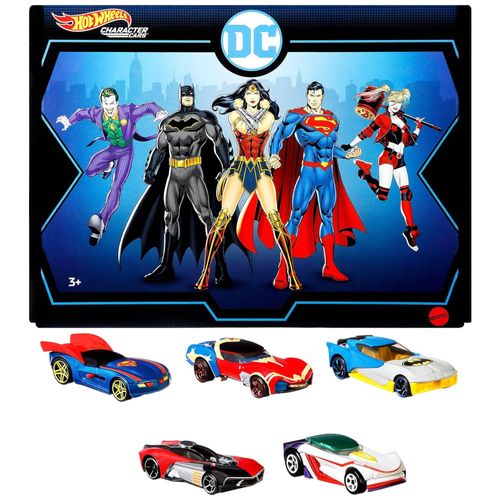 Conjunto de 5 Carrinhos Hot Wheels DC em Escala 1:64 Superman, Batman, Mulher Maravilha, Coringa GT Harley.