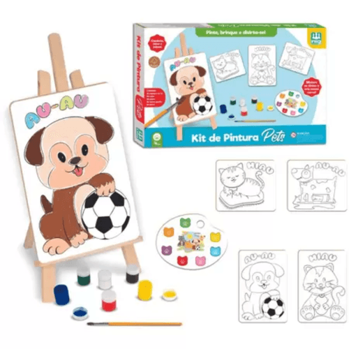 Kit Pintura Pets com Cavalete Tintas e Tela Infantil