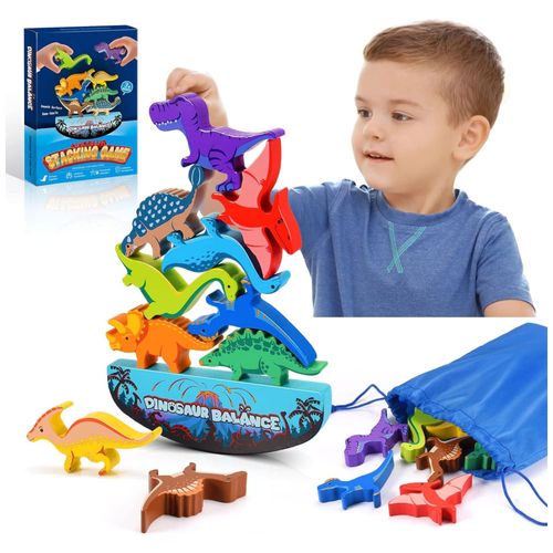 Brinquedo Torre de Empilhamento de Dinossauros Montessori em Madeira para Crianças de 3 a 5 Anos, IPOURUP