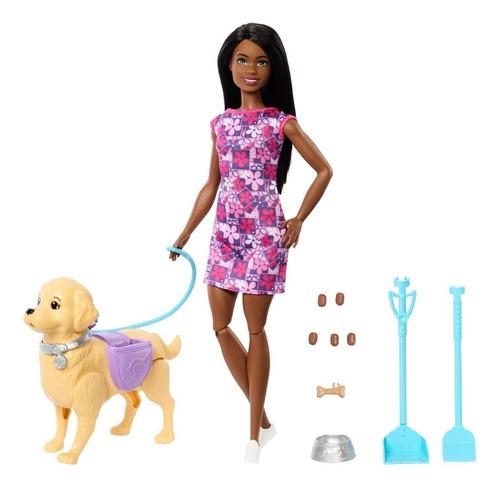 Boneca Barbie Negra Brooklyn Passeio De Cachorrinho 30cm