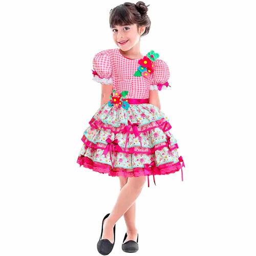 Vestido Caipira Super Luxo Exclusivo Xadrez Rosa Com Flores - TAM - 8