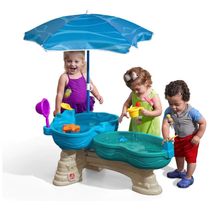 Mesa de Atividades Sensoriais Infantil Água, 2 Plataformas e Guarda Sol para Crianças de 1 a 5 Anos, Step2, Cinza e Azul