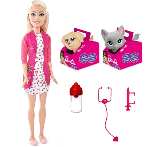 Boneca Barbie Veterinária 65cm + Gato Cachorro 8 Acessórios