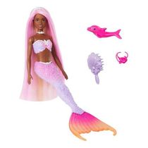 Boneca Barbie Fantasia Sereia Cores Mágicas Rosa Morena