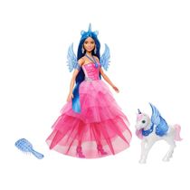 Boneca Barbie Cabelo Azul Unicórnio Alado Escova Acessórios HRR16 Mattel