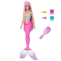 Boneca Barbie Sereia Cabelo Longo Lilás Cauda Rosa Escova e Acessórios HRR00 Mattel