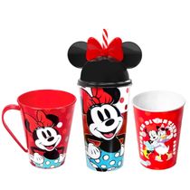 Copinho Caneca e Copo com Orelhas e Canudo da Minnie Vermelho Kit 3 Peças