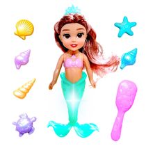 Boneca Pequena Sereia com Cauda iluminada 7 Acessórios Ariel Morena