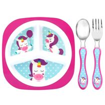 Kit Unicórnio Pratinho com Colher e Garfo Inox Infantil Buba