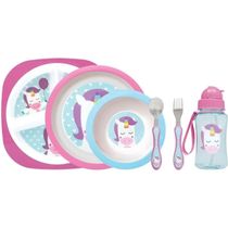 Kit Refeição Infantil 5 Peças Prato com Divisórias Prato Raso Bowl Talher Inox e Garrafa Canudo, Unicórnio, Buba