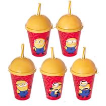 5 Copos 280ml Com Canudo Minnions Sacola Surpresa Aniversário Infantil Original