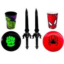 Kit Infantil 2 Espadas 2 Escudos 2 Copos Homem Aranha e Hulk