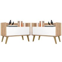 Kit c/ 2 Mesas de Cabeceira 80 cm c/ Pés Retrô Multimóveis Rustic/Branco/Natural