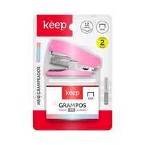 Mini Grampeador 15 Folhas Rosa Blister de 500 Grampos 26/6 Keep - EI176 EI176