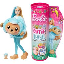 Boneca Barbie Cutie Reveal 10 Surpresas com Mini Pet Urso Na Fantasia de Golfinho (azul) Hrk25