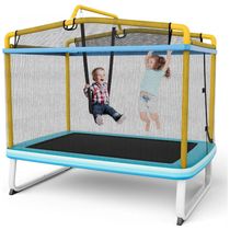 Trampolim GYMAX para crianças, 75 trampolins recreativos aprovados pela ASTM com balanço, rede de barra horizontal, mini trampolim retangular para