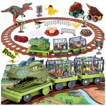 Trem de Dinossauros com Locomotiva Elétrica, Trilha, 3 Carros Retráteis, Ovos de Dinossauro e Tapete de Jogo para C...