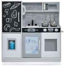 Cozinha Infantil em Madeira com Quadro Negro, Telefone, Micro-ondas, Máquina de Fazer Gelo, Máquina de Lavar Louça e Forno, Costzon, Branca