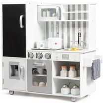 Cozinha Infantil em Madeira com Som Realista, Quadro Negro, Dispensador de Água, Forno e Pia para Crianças Acima de 3 Anos, Costzon, Branco