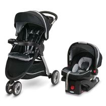 Carrinho de Bebê Travel System de 3 Rodas com Assento Reclinável, Armazenamento e 2 Porta-Copos, Graco FastAction, Preto e Cinza