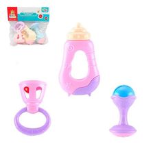 Kit 3 Chocalho Little Baby Rosa Com Roxo Mamadeira 11cm