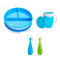 KIT INTRODUÇÃO ALIMENTAR AZUL PRATO + COPO 360 COM TAMPA + COLHER SILICONE MUNCHKIN