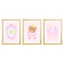 Trio De Quadros Pinus Com Vidro Ursa Princesa