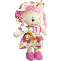 Boneca De Pano Pelúcia Menina Vestido Rosa Com Chapéu 46cm