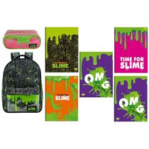 Kit 5 Brochurão Slime + Mochila Preta Slime + Estojo Rosa