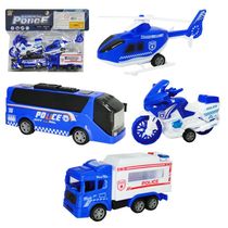 Kit 4 Veiculo Policia Caminhão Ônibus E Helicóptero Fricção