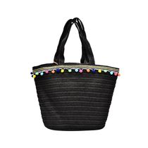 Bolsa em Palha com Pompons Tote Bag Pagani PG6926 Preto