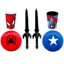 Kit Infantil 2 Espadas 2 Escudos 2 Copos Homem Aranha e Capitão America