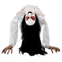 Enfeite Animatronic Halloween Boneca Exorcista com LEDs Vermelhos e Movimento Assustador -