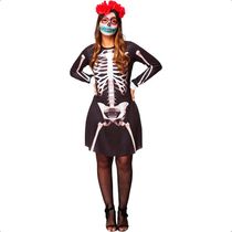 Fantasia Halloween Feminina Caveira Mexicana Manga Longa com Ossos