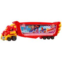 Transportador Hot Wheels RacerVerse Marvel Hulkbuster com Capacidade para 10 Carros, Cabine Removível e Capacete Incluso