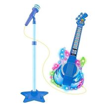 KIT MICROFONE GUITARRA INFANTIL ROCK STAR COM AMPLIFICADOR MUSICAL PEDESTAL KARAOKE MP3 CONEXÃO CELULAR AZUL MENINO