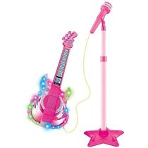 KIT MUSICAL INFANTIL GUITARRA MICROFONE PEDESTAL MENINAS ROCK STAR COM AMPLIFICADOR KARAOKE MP3 CELULAR