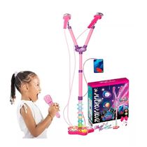 MICROFONE DUPLO PEDESTAL AMPLIFICADOR MUSICAL INFANTIL KARAOKE ROCK STAR CONECTA CELULAR MP3 LUZ ROSA