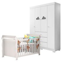 Berço Americano Lara E Guarda Roupa Infantil Ane Branco Brilho - Phoenix Baby