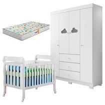 Berço Americano Lila E Guarda Roupa Infantil Ane Branco Brilho Com Colchão Gazin - Phoenix Baby