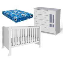 Berço Americano Mini Cama E Cômoda Infantil Ariel Branco Brilho Com Colchão Ortobom - Carolina