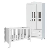 Berço Americano Mini Cama Com Guarda Roupa 3 Portas Ariel Branco Brilho - Carolina