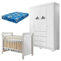 Berço Americano Mirelle E Guarda Roupa Infantil Ane Branco Brilho Com Colchão Ortobom - Phoenix Baby