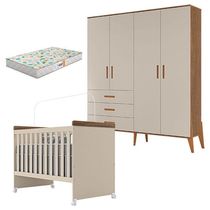 Berço Mini Cama Lívia E Guarda Roupa Infantil Emilly 4 Portas Off White Carvalho Com Colchão Gazin - Canaã