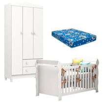 Berço Americano Lara E Guarda Roupa Infantil Mel Flat 3 Portas Branco Brilho Com Colchão Ortobom - Carolina